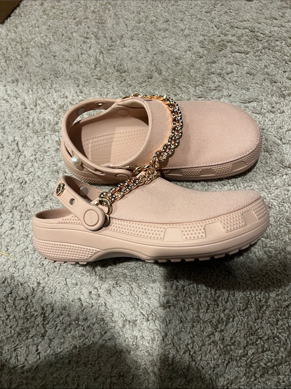 CROCS Blush Pink Slip-On Clog with Gold Chain Accent - Picture 2 of 4